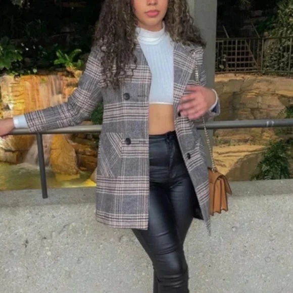 Classic Plaid Print double breasted Pea Overcoat jacket fall/winter - Picture 10 of 10